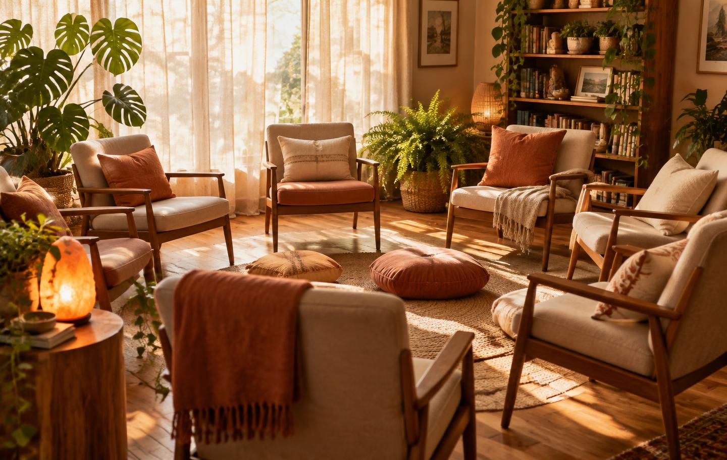 A warm group room with chairs and cushions arranged in a circle and soft lighting